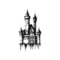 Obraz premium Black and white gothic castle illustration, medieval tower vintage grunge horror style vector art