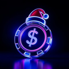 Futuristic neon dollar coin with santa hat