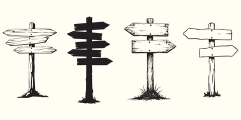 Hand drawn collection of rustic wooden signposts indicating multiple directions