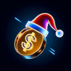 Futuristic neon dollar coin with santa hat