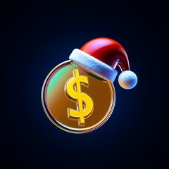 Futuristic neon dollar coin with santa hat