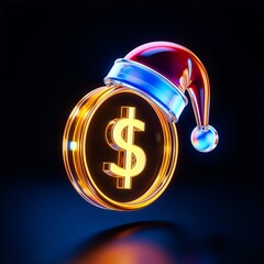Futuristic neon dollar coin with santa hat