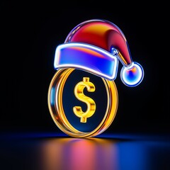 Futuristic neon dollar coin with santa hat