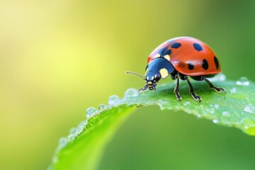 Obraz premium A vibrant red ladybug with black spots and a shiny exoskeleton is perched on a dew-covered green leaf.