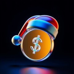 Futuristic neon dollar coin with santa hat