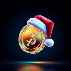 Futuristic neon dollar coin with santa hat