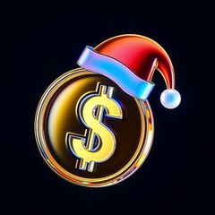 Futuristic neon dollar coin with santa hat