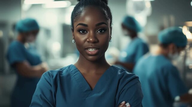 Confident African American female nurse in scrubs at a healthcare facility during a busy working shift, Portrait of confident African American female nurse and team in medical centre