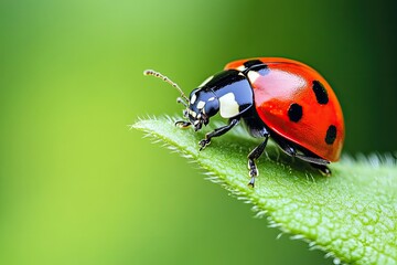 Fototapeta premium A vibrant red ladybug with black spots and white accents on its wings is perched on a green leaf, showcasing its intricate patterns and the natural beauty of the plant.