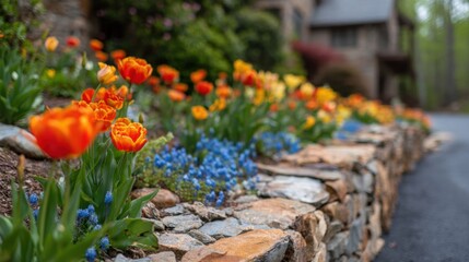 Flowers bloom in garden by the stone wall in the spring season