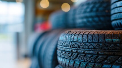 Stacked tires in a tire shop during a busy afternoon