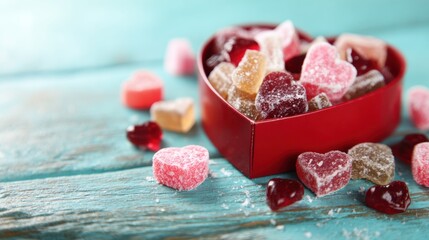 Box of heart-shaped candies on a wooden table in a bright setting