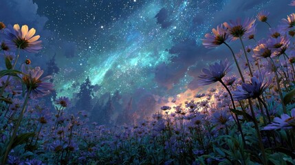 A field of flowers under a vibrant starlit sky.