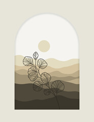 landscape background.wall art vector. Foliage line art drawing with abstract shape.