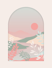 landscape background.wall art vector. Foliage line art drawing with abstract shape.