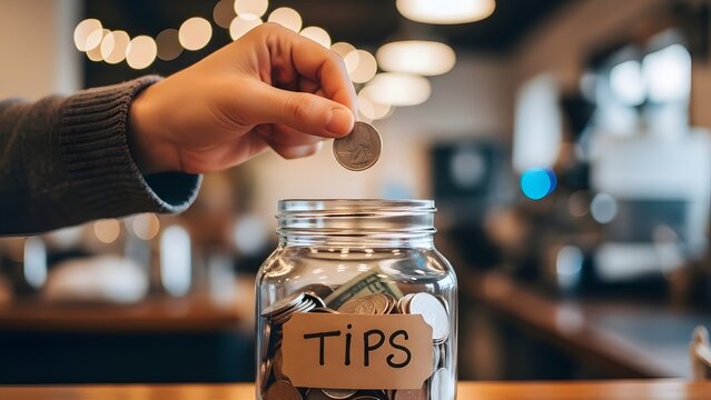 Tipping Gesture: A close-up shot of a hand dropping a coin into a transparent tips jar, set against a blurred background, evokes a feeling of generosity and service.