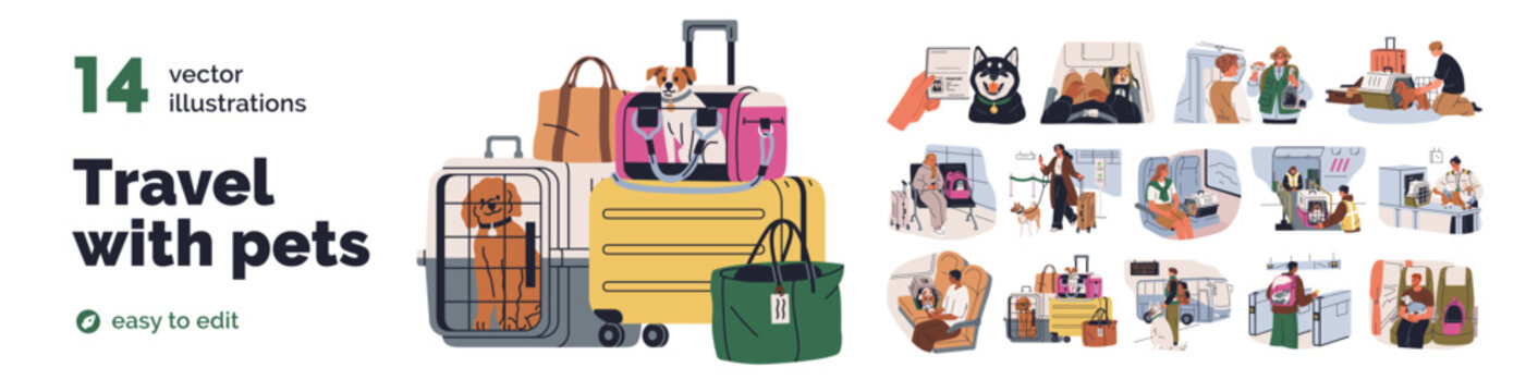 Travel with pets. People with cute dogs and cats in cage boxes, carrier, backpack in bus, train and plane. Animals in transport on trip, journey. Flat vector illustrations isolated on white background