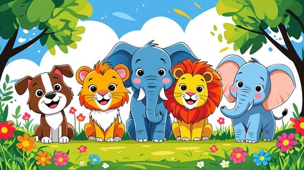 Naklejka premium Group of happy smiling cartoon style animals in the forest o jungle in a sunny outdoor scene