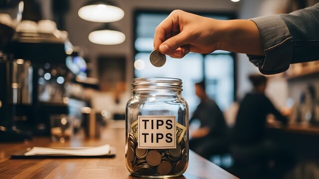 Giving a Tip: A close-up shot of a hand dropping a coin into a glass tip jar, promoting the concept of gratuity for good service. 