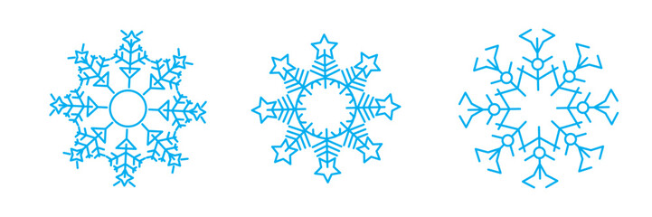 Blue linear snowflakes collection. Simple snow flake icon set for Christmas and Happy New Year decor, winter holiday decoration, greeting card design elements. Vector illustration bundle