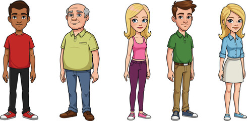 Set of diverse people characters of different ages and ethnicities standing together, including young adults, seniors, and teenagers for community
