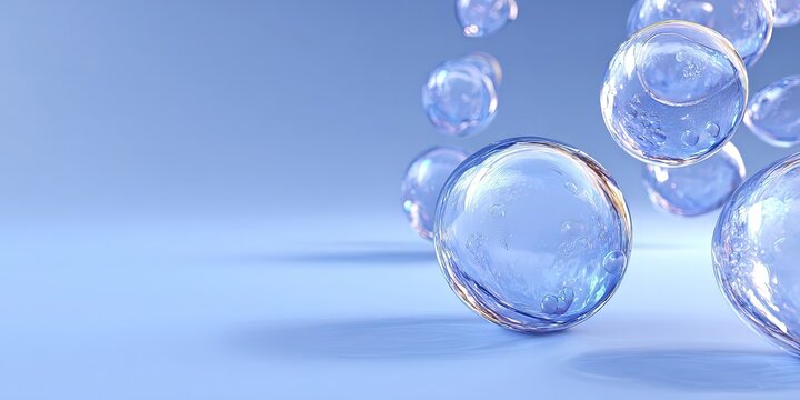 Glossy transparent soap bubbles with tiny air pockets float in the foreground, soft blue gradient background with copy space on the left, clean minimal look, concept for hygiene and freshness