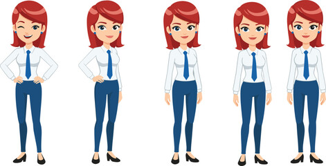 Set of professional businesswoman character with red hair in various poses, winking, standing confident, and smiling for corporate office marketing