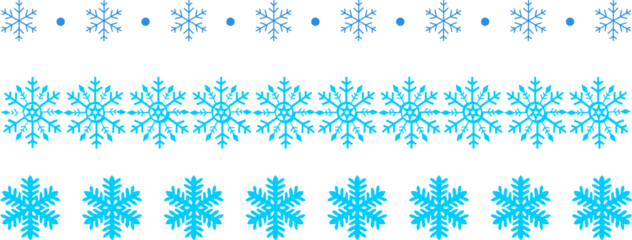 Snowflake Border Decoration Hanging blue winter border  Snowflake border frame transparent background cutout png Horizontal banner with pale sky blue snowflakes and stars framing a white background