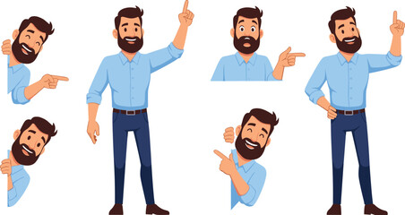 Set of bearded man character in various poses, pointing finger, showing great ideas, peeking, and happy expressions for professional business marketing