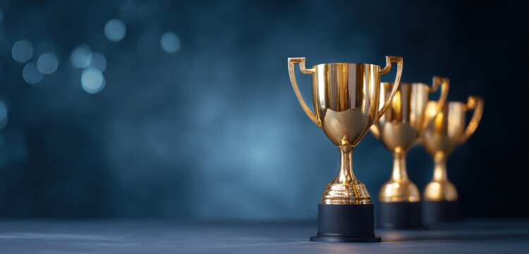 Golden trophy awards on blue background reflecting achievement and success