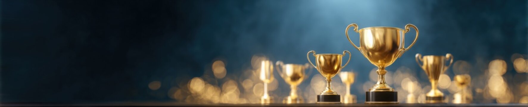 Row of gleaming golden trophies on dark background with bokeh lights