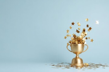 Fototapeta premium Gold trophy with star confetti on blue background: celebration and achievement symbol