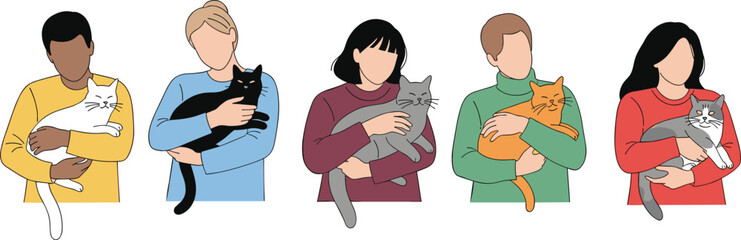 Diverse group of pet owners happily holding their pet cats, showing animal companionship, feline care, and love for domestic kittens