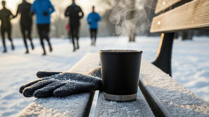 Hot beverage on snowy bench with glove and runners in background  