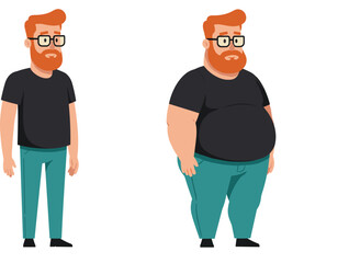 Flat vector character illustration featuring a ginger bearded man with glasses showing weight gain comparison and body transformation for health.