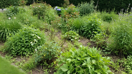 Obraz premium Weed overgrowth in a house front yard. Landscaping problems. Poor maintenance. Uncontrolled growth.