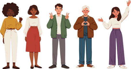 Diverse group of happy young people standing together making positive hand gestures like heart shapes and peace signs in vector.