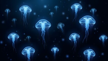 Many glowing blue jellyfish floating in dark deep ocean water bioluminescent deep sea