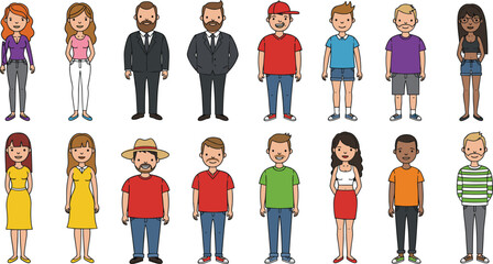 Flat vector cartoon character set featuring diverse men and women in various outfits including business suits, casual wear, and dresses.