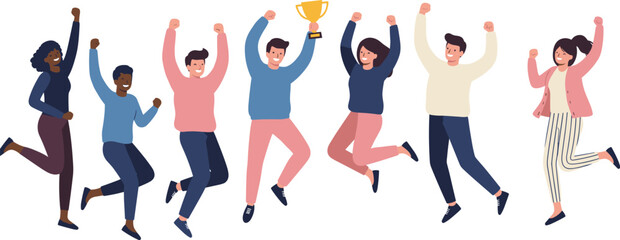 Diverse group of happy young people jumping for joy and celebrating success with a gold trophy cup in flat vector.