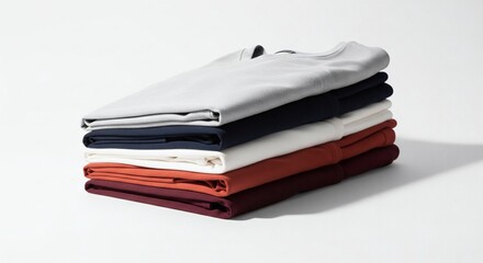 Stack of neatly folded t-shirts in various neutral colors on a plain background
