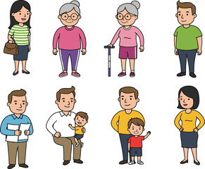 Flat vector cartoon characters of different generations featuring happy families, elderly seniors with walking sticks, parents holding children, and professionals.