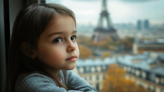 Girl admires Paris landmark from window during cloudy day, Beautiful girl looking at France landmark in Paris