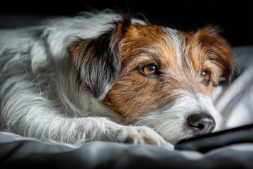 Adorable puppy clings to smartphone in the night. Seamless data links. High-bandwidth data links redefine global digital communication. Night room. Smartphone paws.