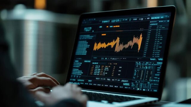 Financial analysis report showcasing stock market trends and data visualization, graphics of financial analysis, a report on the stock exchange cryptocurrency on a laptop monitor