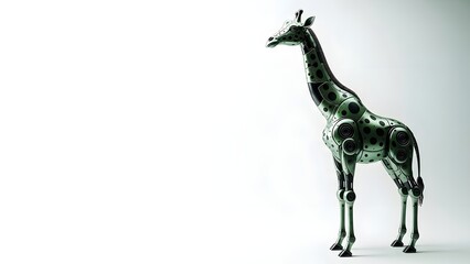 Metallic robot giraffe with green and black spots on white background mechanical