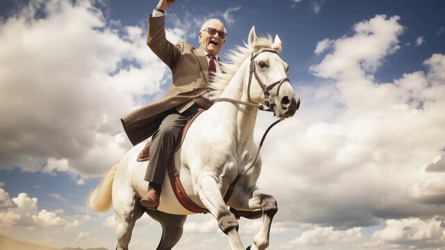Elderly man dressed in a business suit riding a white horse while raising his fist in celebration. Concepts of success in life.
