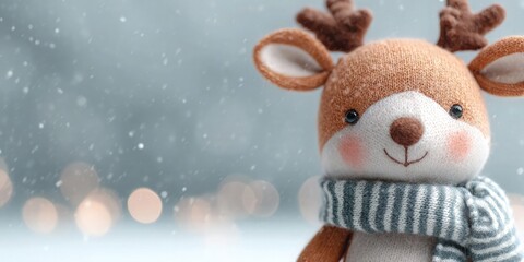 Cute knitted reindeer toy with striped scarf in the foreground, soft snowflakes and warm bokeh lights on a gray background, closeup texture and gentle smile, festive holiday atmosphere