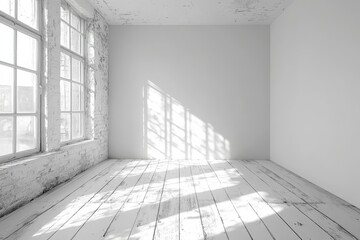 Empty room with a white wall and white wood floor, offering a versatile space for customization or design mockups, Generative AI