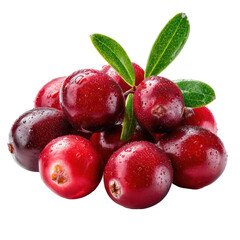 Fresh red cranberries with green leaves and water droplets on a black background isolated on transparent background